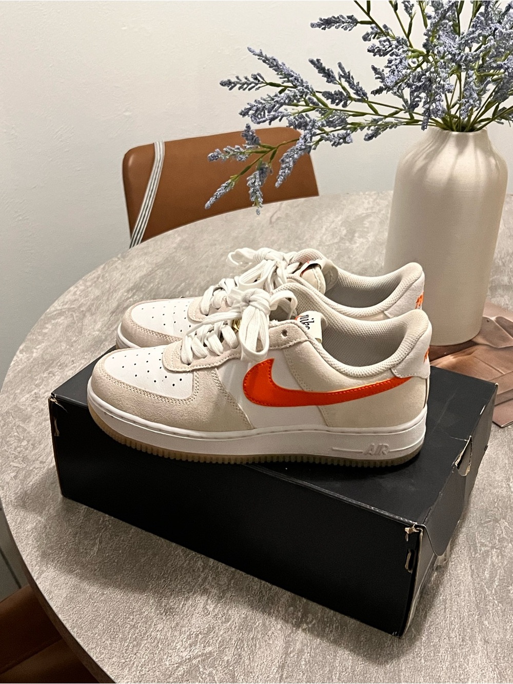Nike Air Force 1 in Off-White with Orange Swoosh